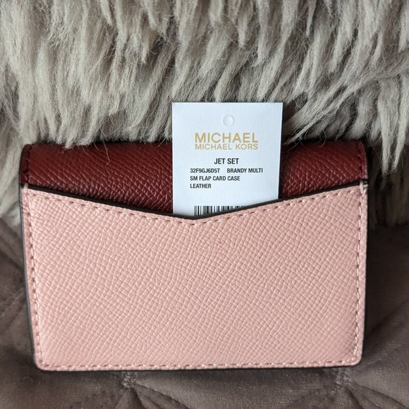 NWT Michael Kors Jet Set small Flap Card Case brandy/pink leather - Picture 3 of 6